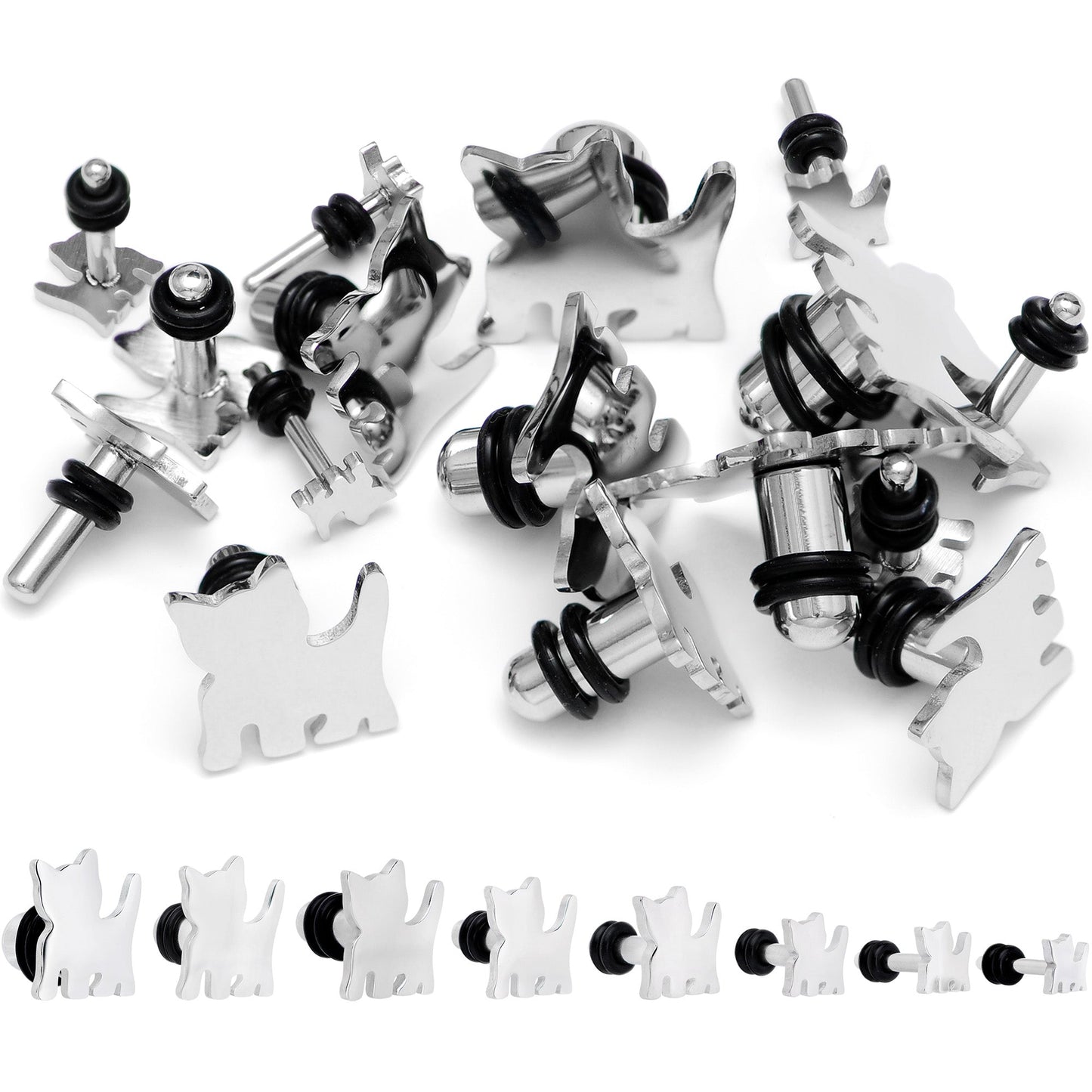 Steel Cat Lover Kitty Cat Single Flare Plug Set 14G to 0G