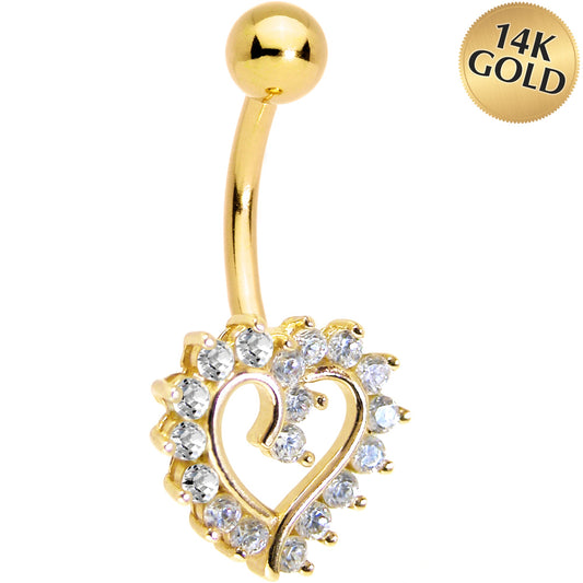 16G Solid 14K Yellow Gold Cubic Zirconia HOLLOW HEART Belly Ring
