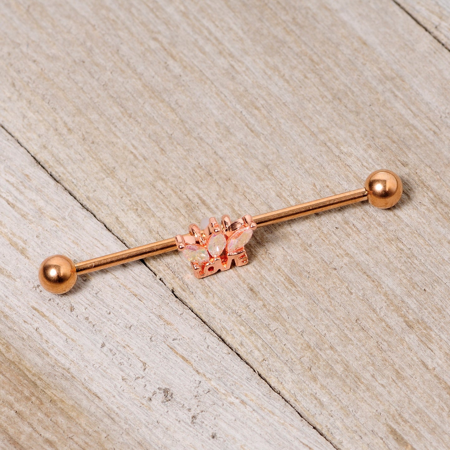 14G Aurora Gem Rose Gold Tone Crown Love Industrial Barbell 38mm