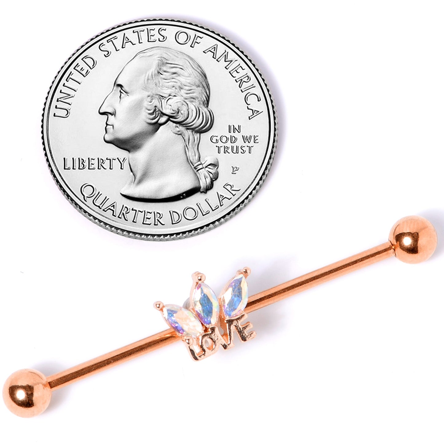 14G Aurora Gem Rose Gold Tone Crown Love Industrial Barbell 38mm