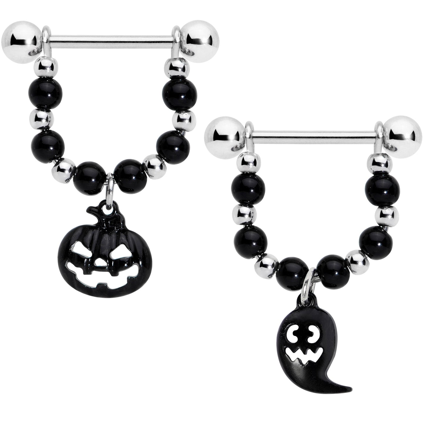 14G 5/8 Black Pumpkin Ghost Halloween Dangle Nipple Ring Set
