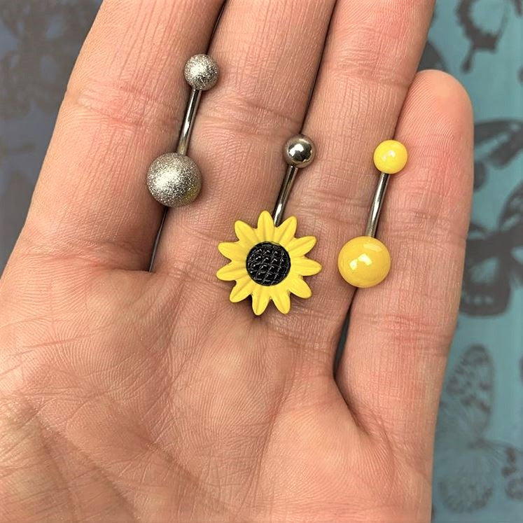 Sandblasted and Yellow UV Glow Sunflower Belly Ring Set of 3