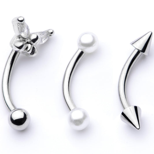 16G 5/16 Clear Gem Butterfly Curved Eyebrow Ring Set of 3