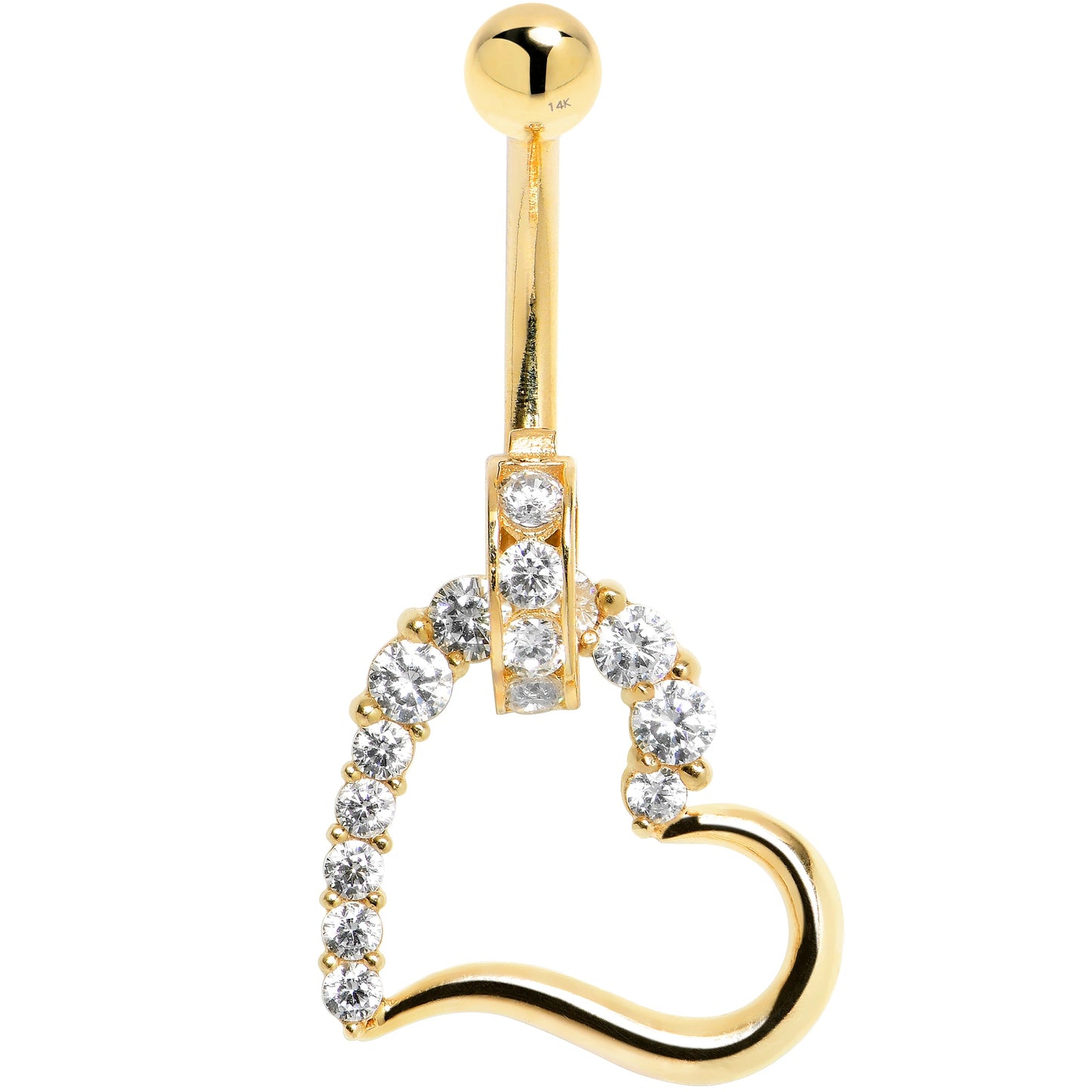 16G Solid 14K Yellow Gold Cubic Zirconia HOLLOW HEART CHARM Belly Ring