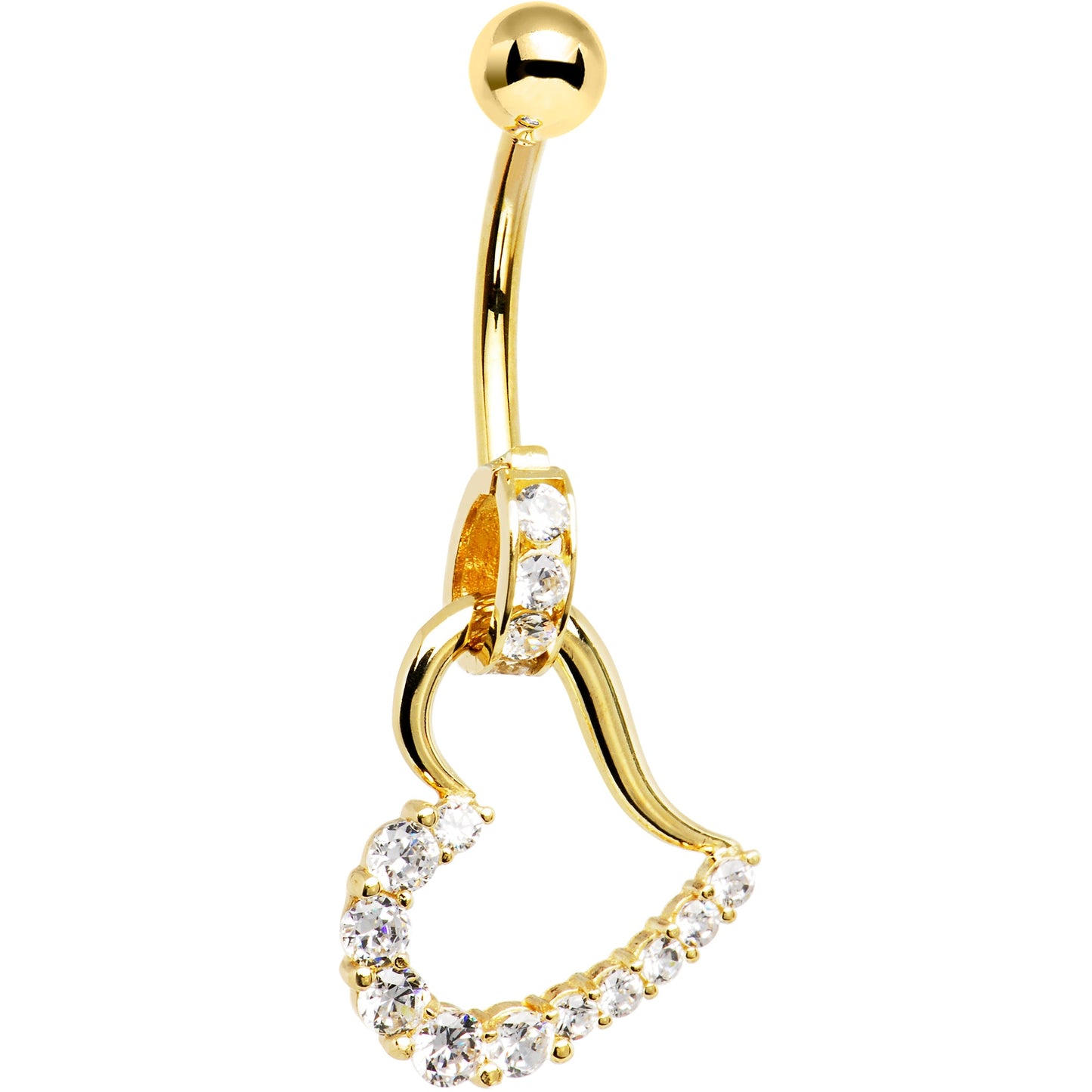 16G Solid 14K Yellow Gold Cubic Zirconia HOLLOW HEART CHARM Belly Ring