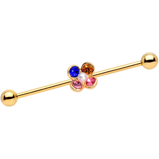 14G Pink Blue Yellow Gem Gold Tone Flower Industrial Barbell 38mm