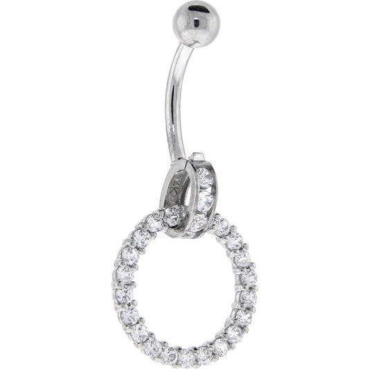 16G Solid 14K White Gold Cubic Zirconia CIRCLE CHARM Belly Ring