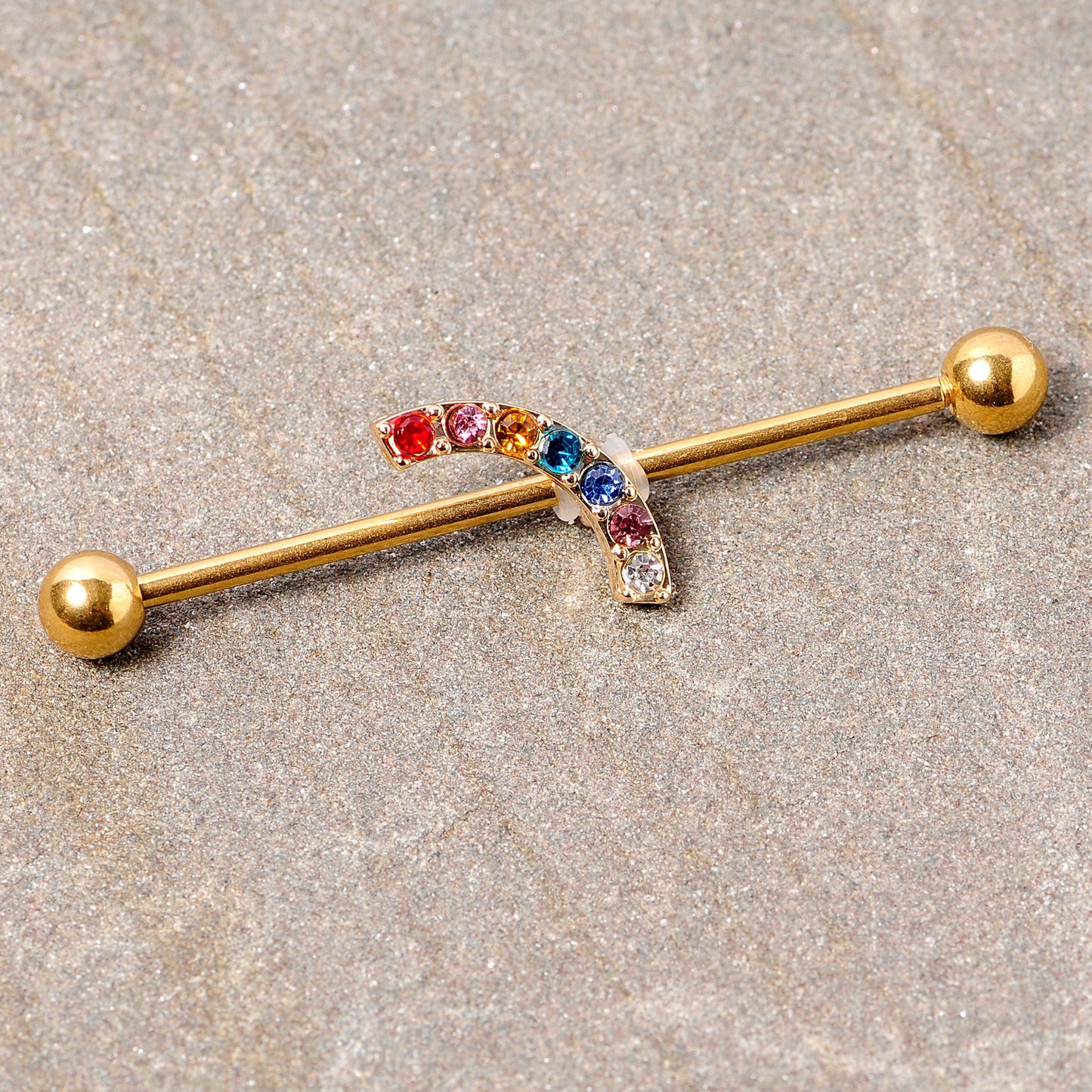 14G Red Blue Gem Gold Tone Rainbow Arc Industrial Barbell 38mm