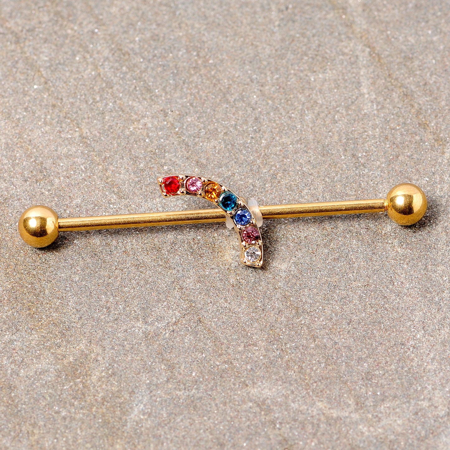 14G Red Blue Gem Gold Tone Rainbow Arc Industrial Barbell 38mm