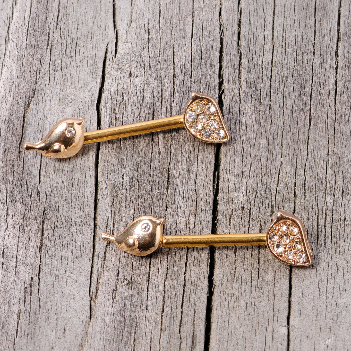 14G 9/16 Clear Gem Gold Tone Little Birds Barbell Nipple Ring Set