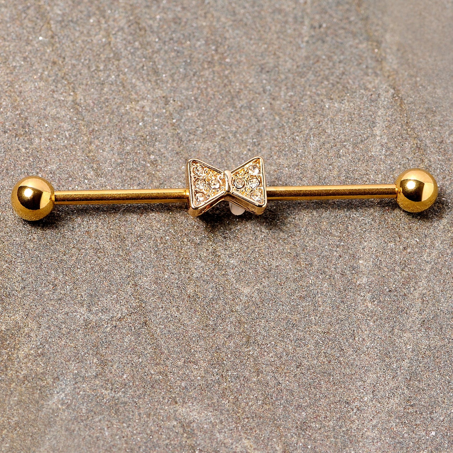 14G Clear Gem Gold Tone Bow Tie Industrial Barbell 38mm