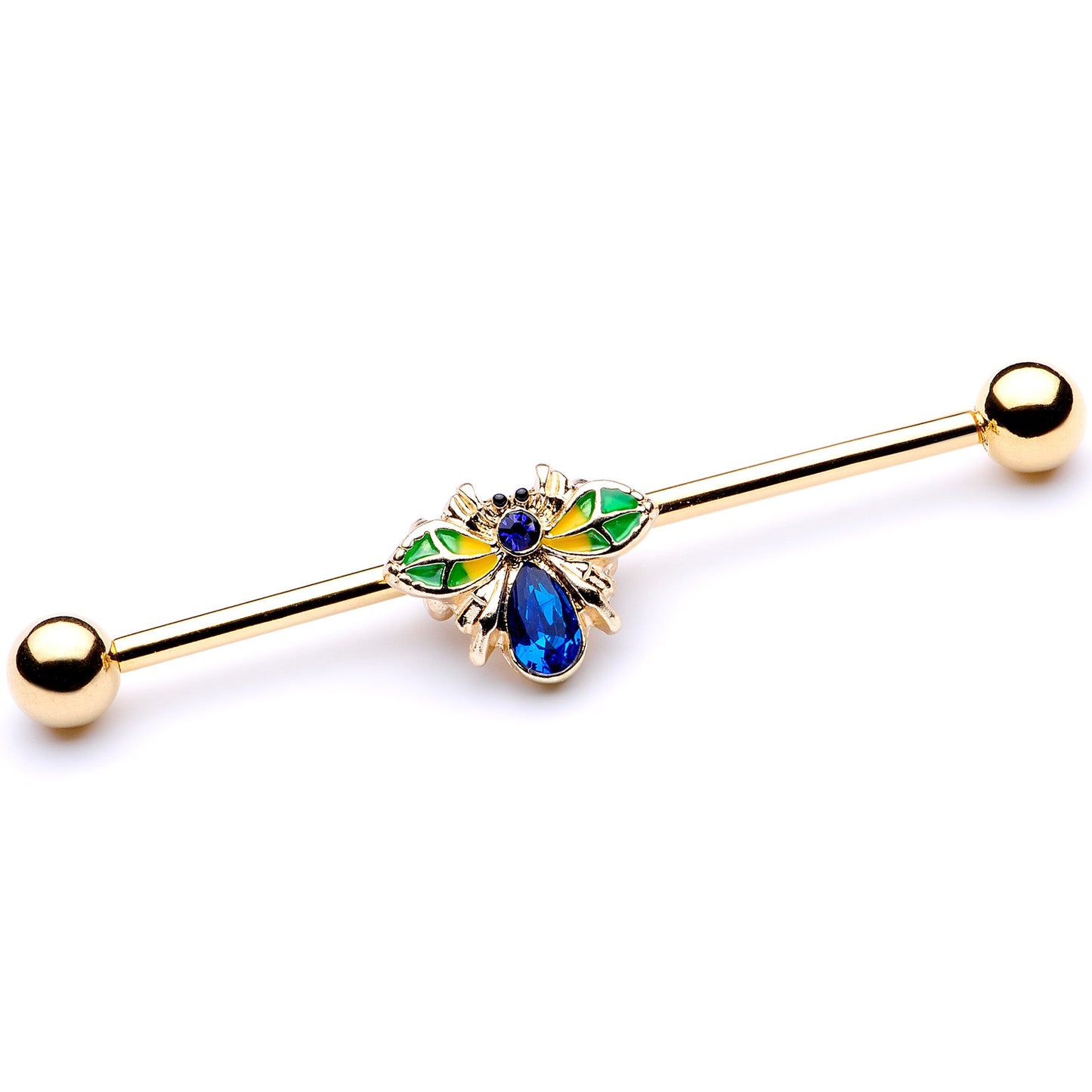 14G Blue Gem Gold Tone Colorful Bee Industrial Barbell 38mm