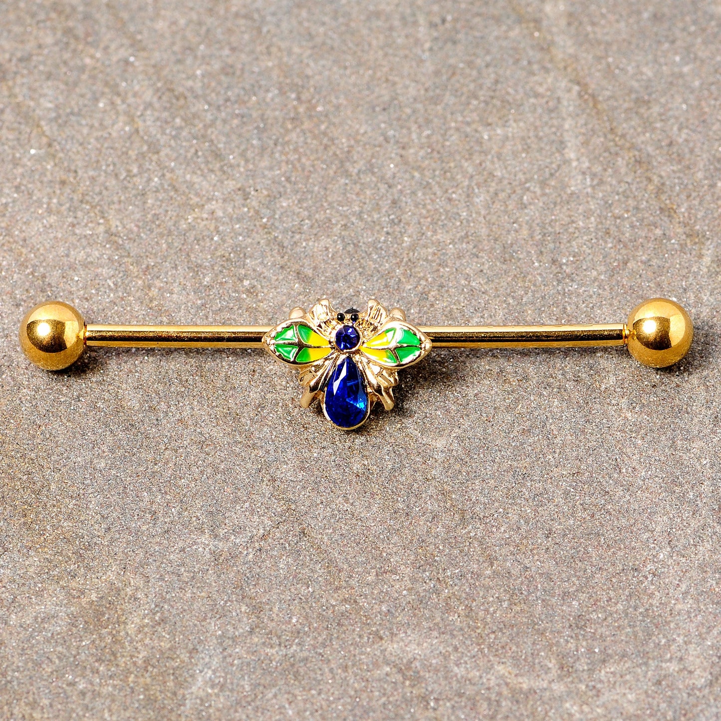14G Blue Gem Gold Tone Colorful Bee Industrial Barbell 38mm