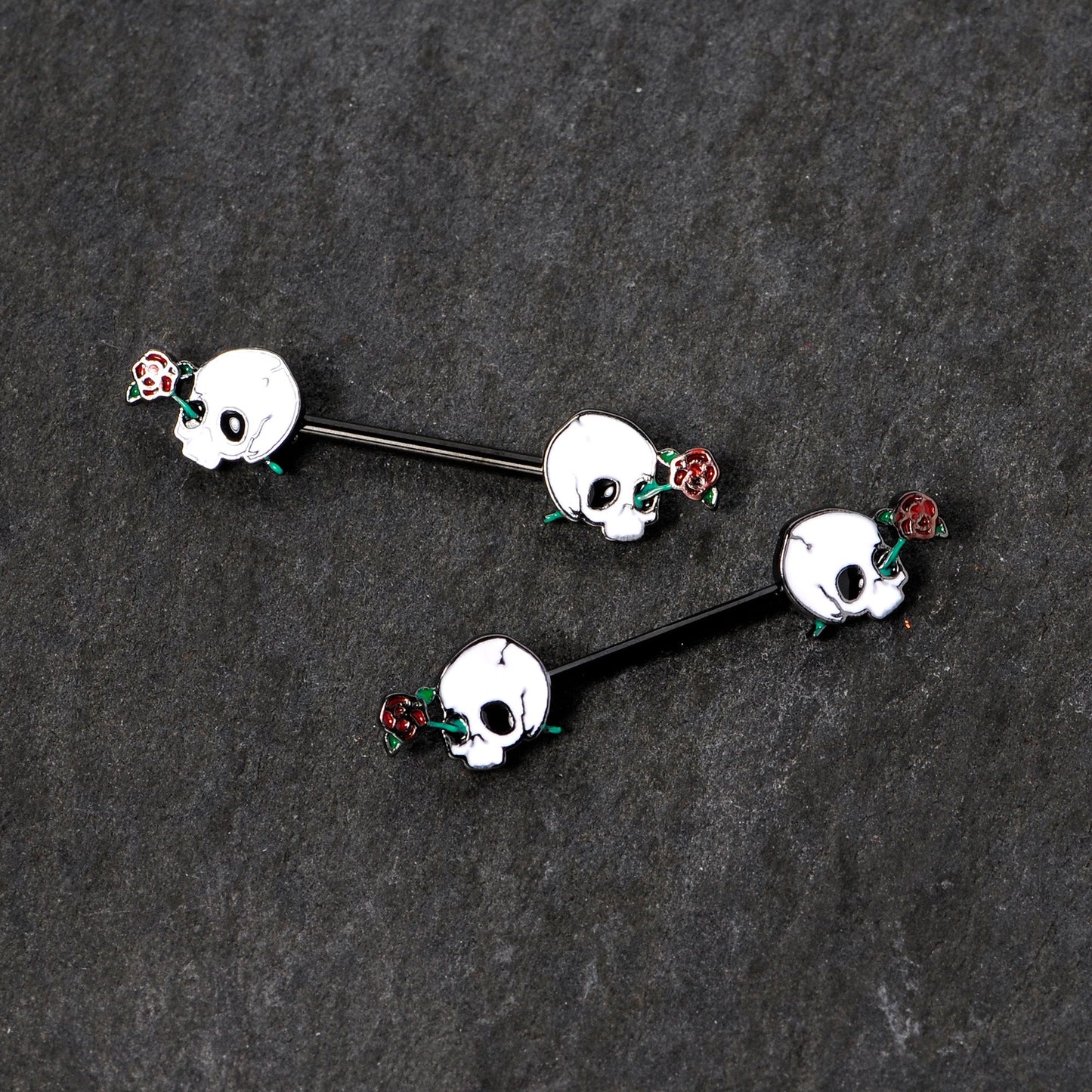 14G 9/16 Black PVD Rose Scary Skull Halloween Nipple Ring Set