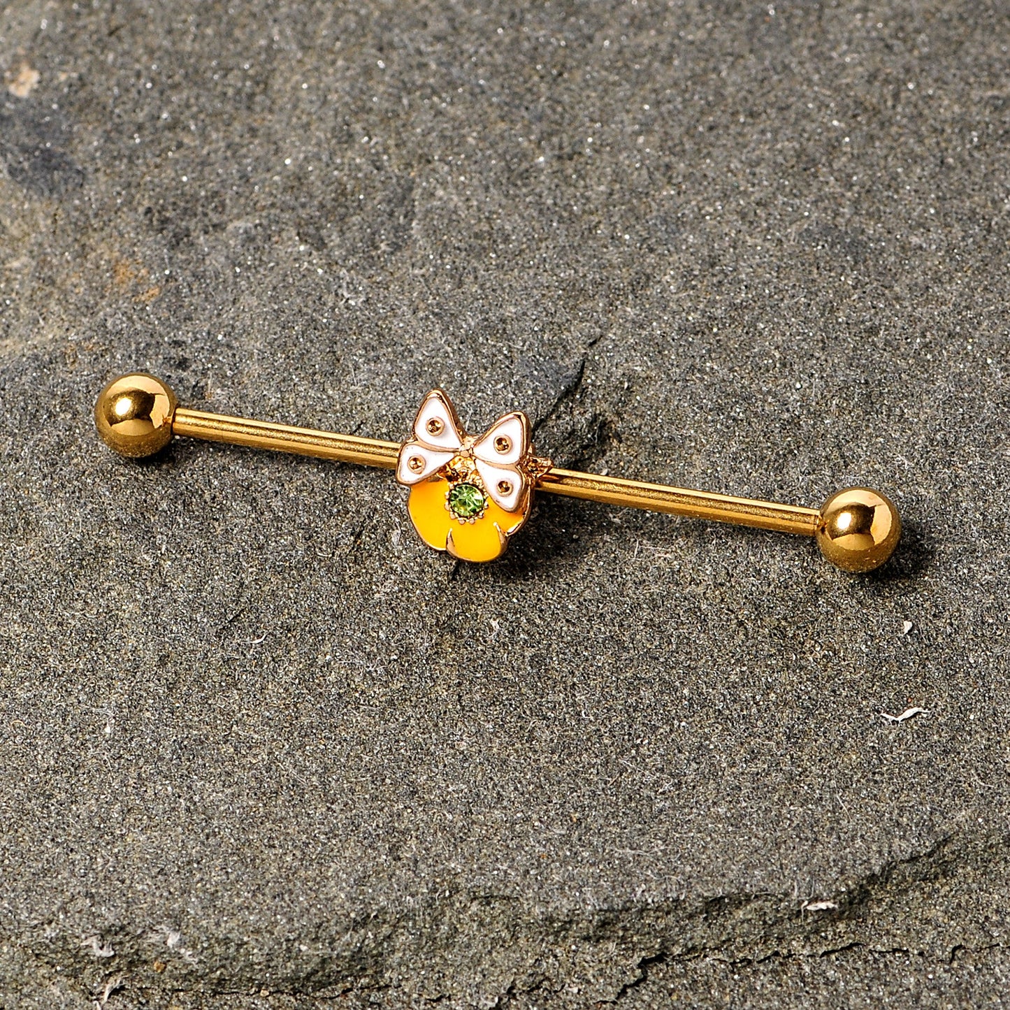 14G Green Gem Gold Tone Butterfly Flower Industrial Barbell 38mm