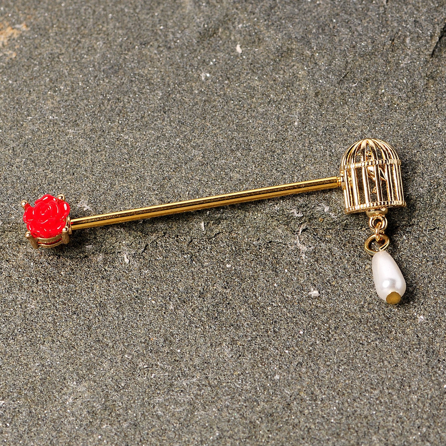 14G Gold Tone Red Flower Birdcage Industrial Barbell 38mm