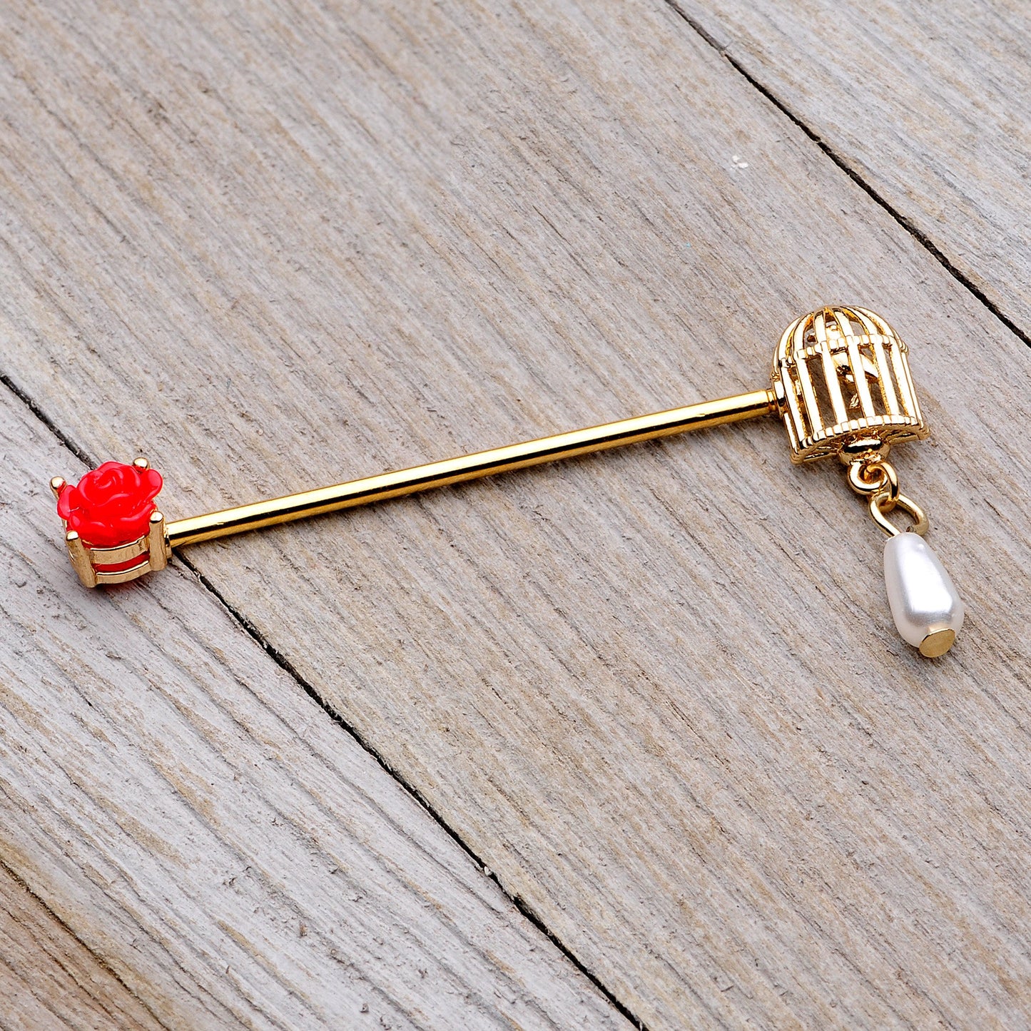 14G Gold Tone Red Flower Birdcage Industrial Barbell 38mm