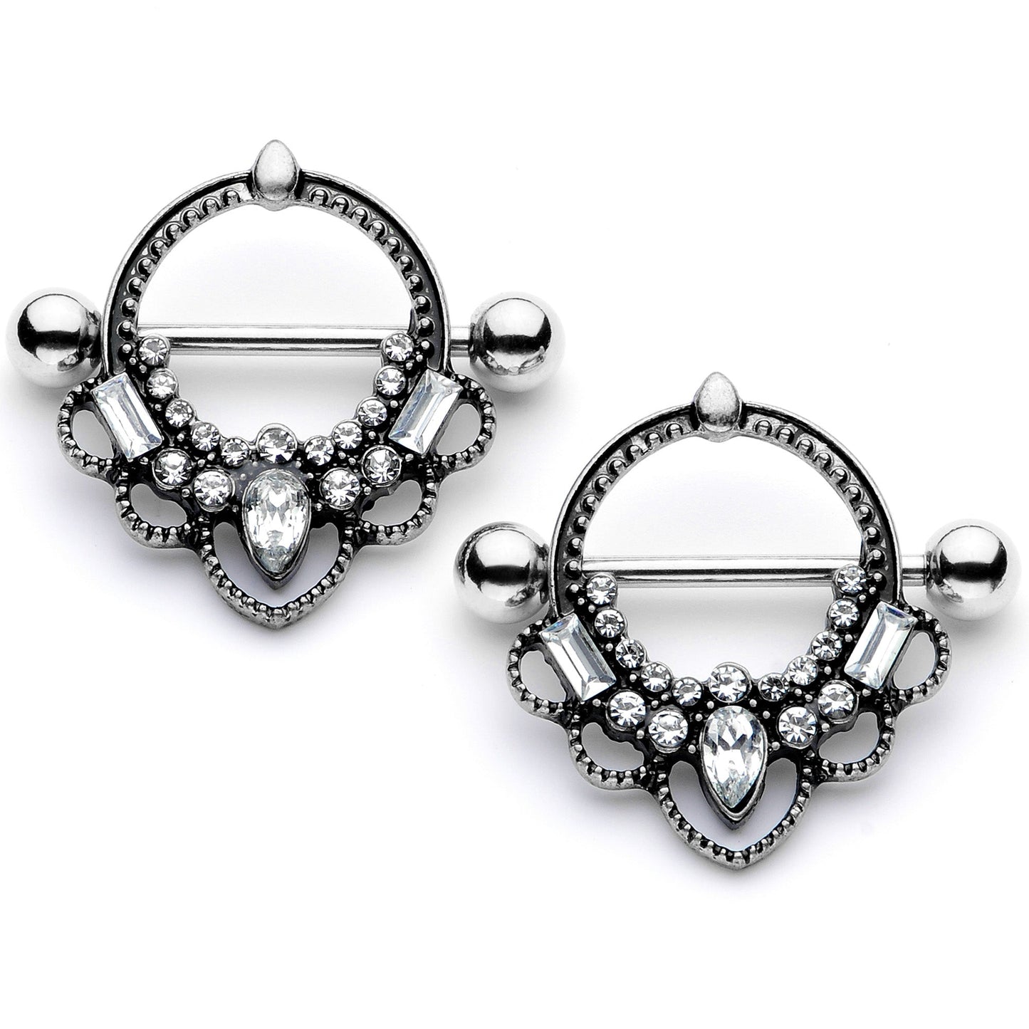 14G 5/8 Clear Gem Filigree Nipple Shield Set