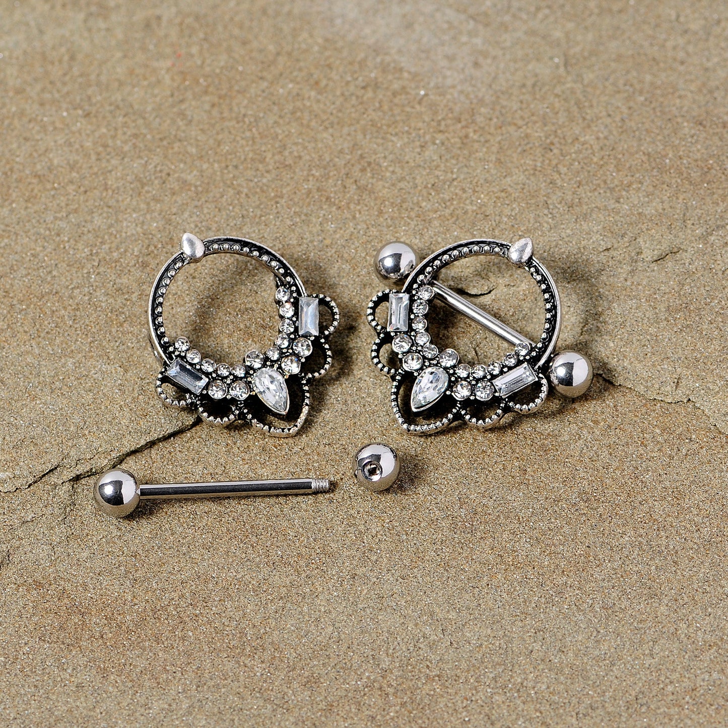 14G 5/8 Clear Gem Filigree Nipple Shield Set
