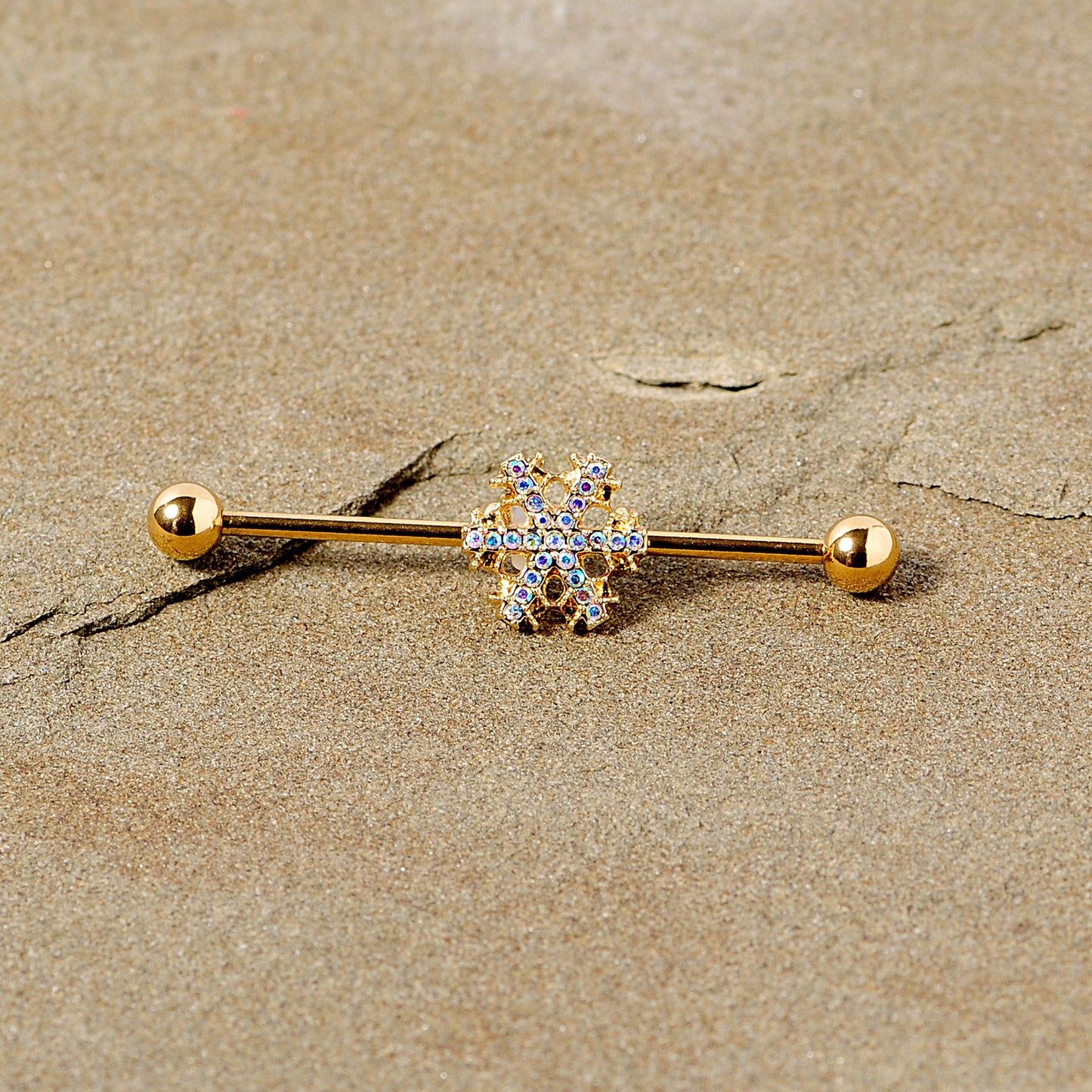 14G Aurora Gem Gold Tone Snowflake Industrial Barbell 38mm