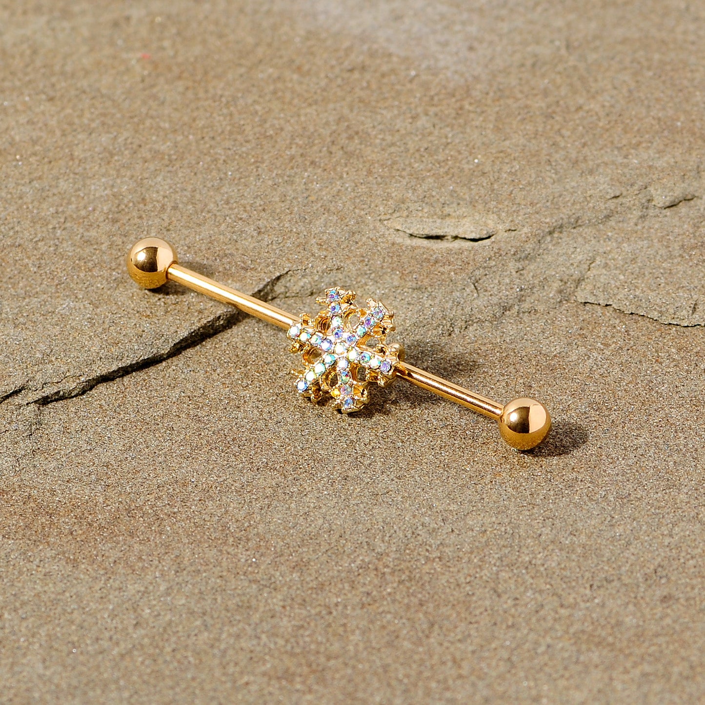 14G Aurora Gem Gold Tone Snowflake Industrial Barbell 38mm