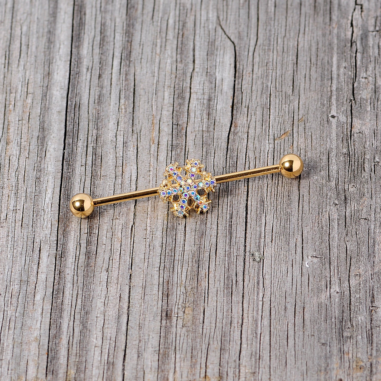 14G Aurora Gem Gold Tone Snowflake Industrial Barbell 38mm