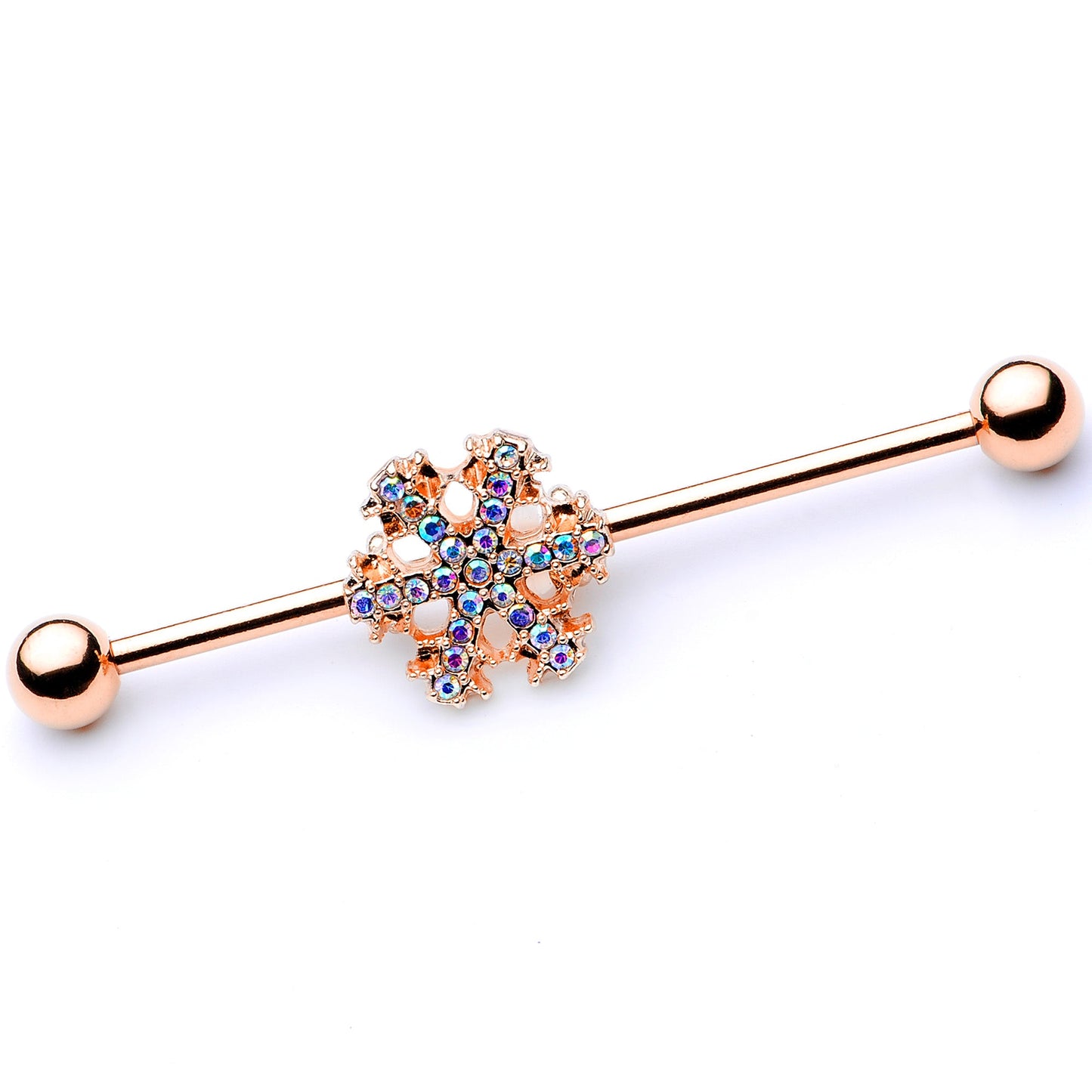 14G Aurora Gem Rose Gold Tone Snowflake Industrial Barbell 38mm
