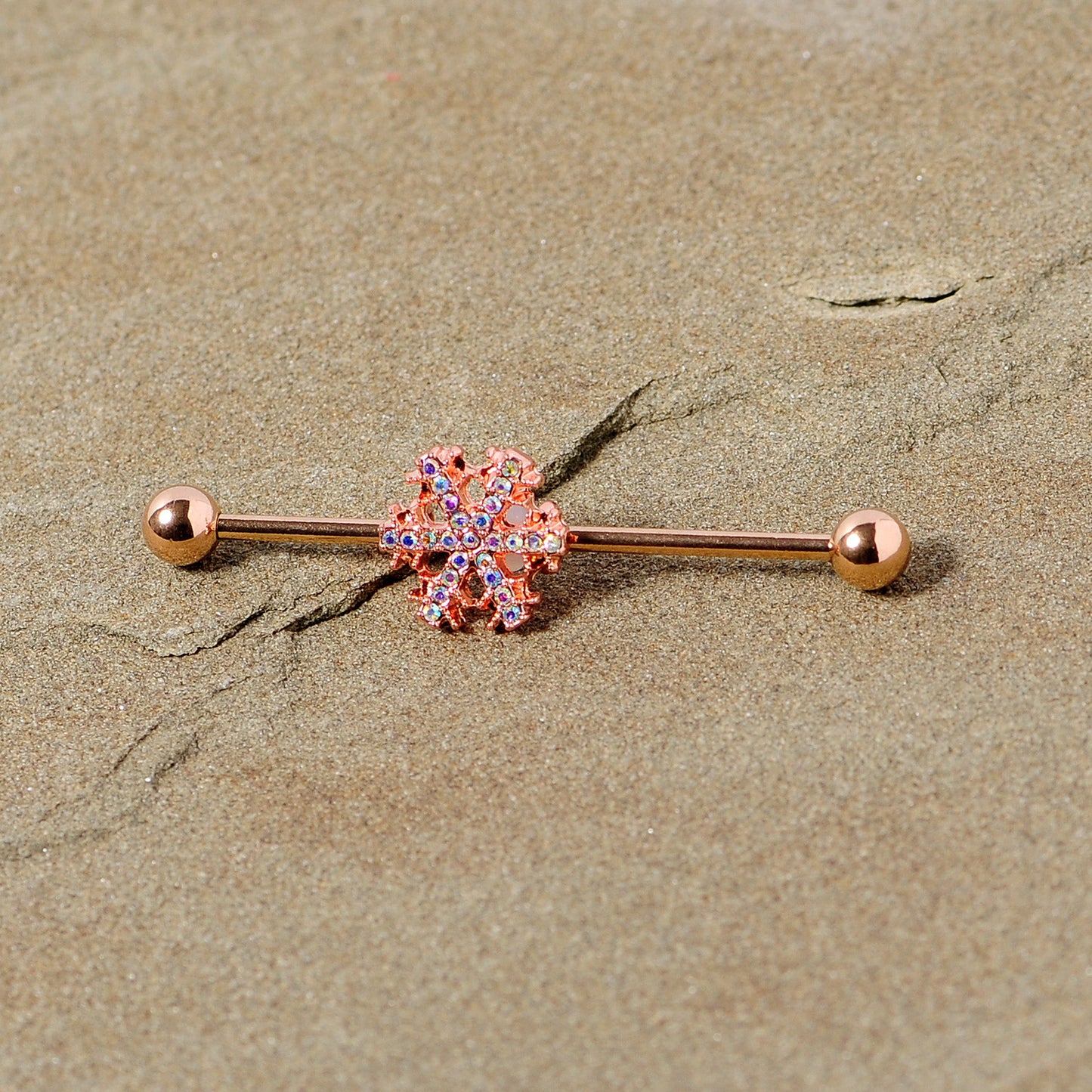14G Aurora Gem Rose Gold Tone Snowflake Industrial Barbell 38mm