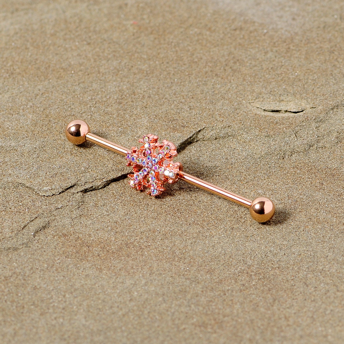 14G Aurora Gem Rose Gold Tone Snowflake Industrial Barbell 38mm