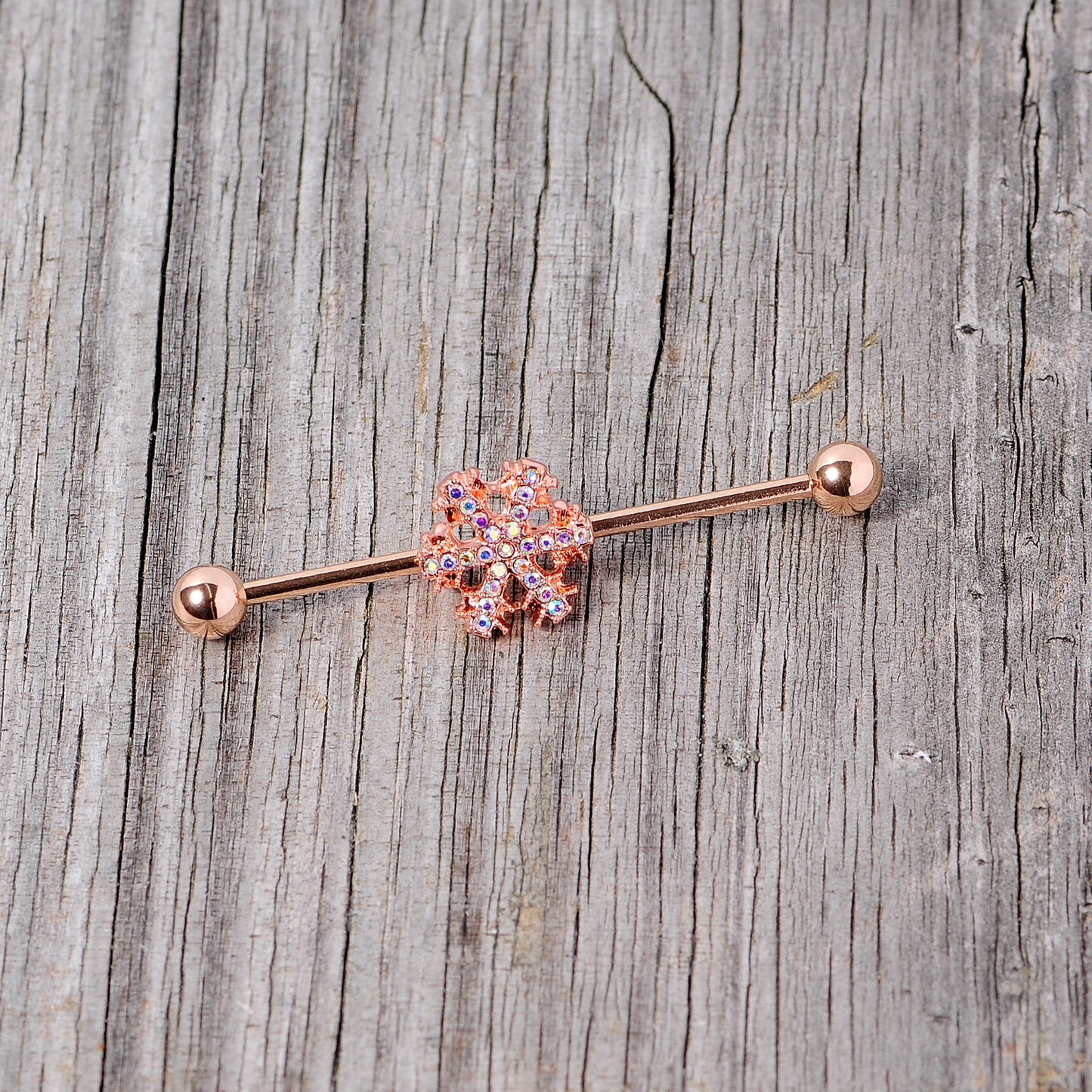 14G Aurora Gem Rose Gold Tone Snowflake Industrial Barbell 38mm