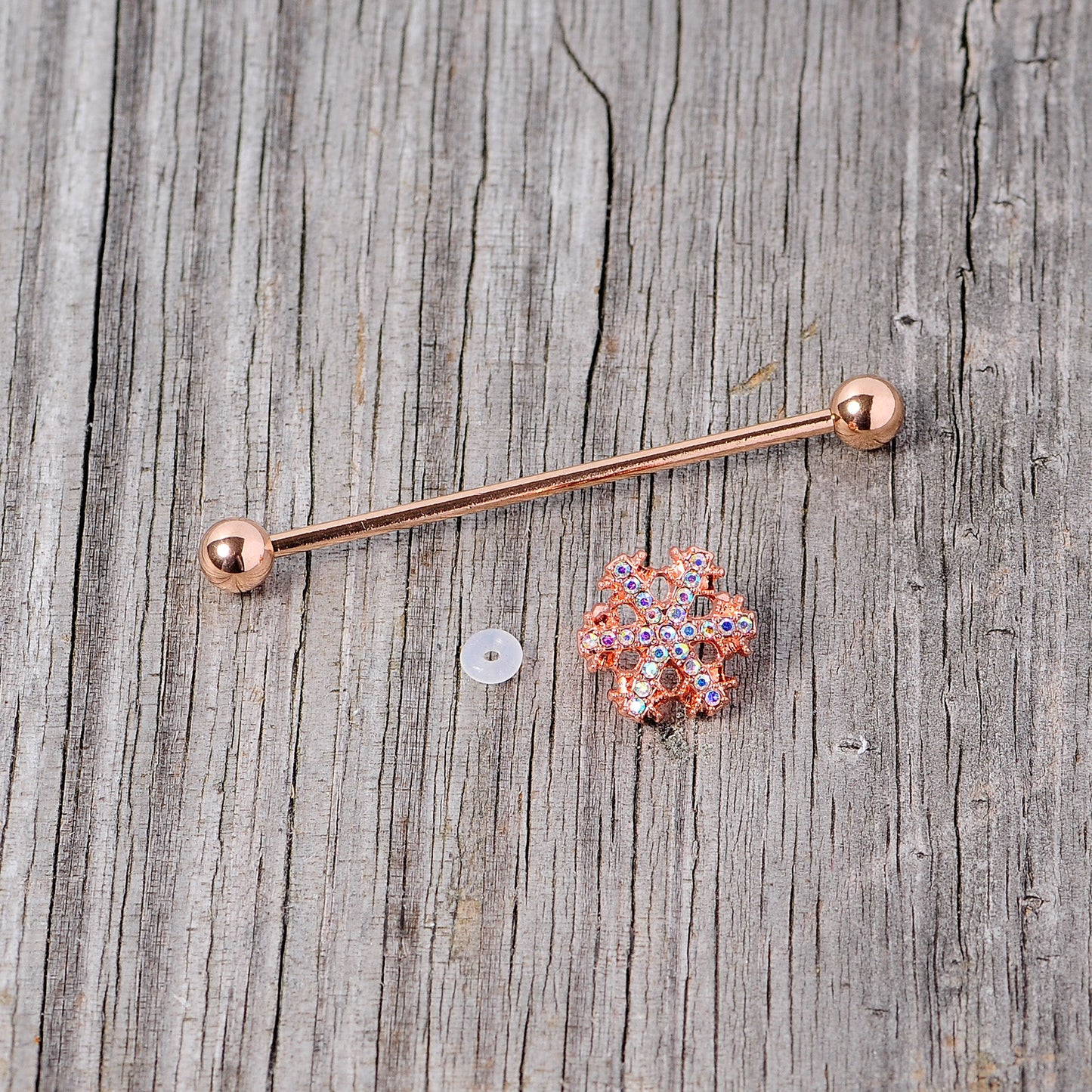14G Aurora Gem Rose Gold Tone Snowflake Industrial Barbell 38mm