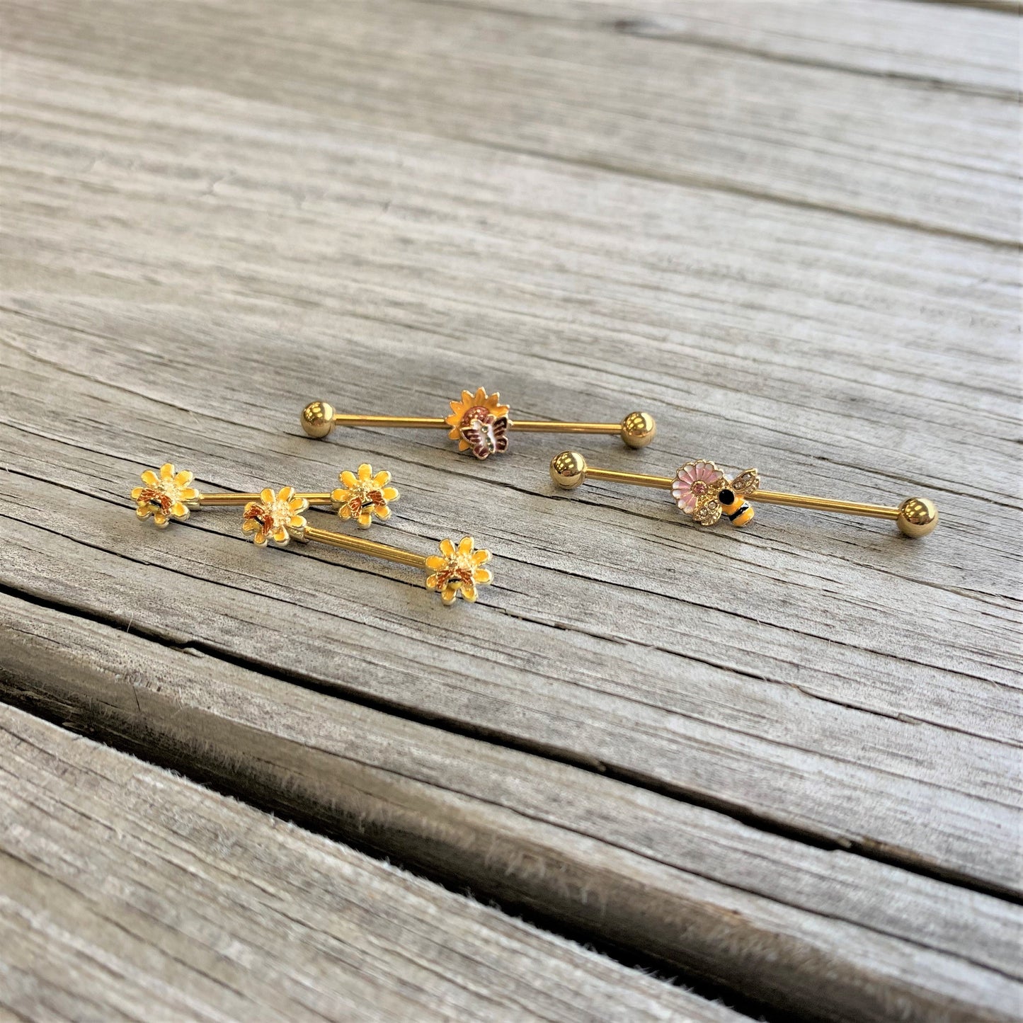14G Gold Tone Red Yellow Butterfly Flower Industrial Barbell 38mm