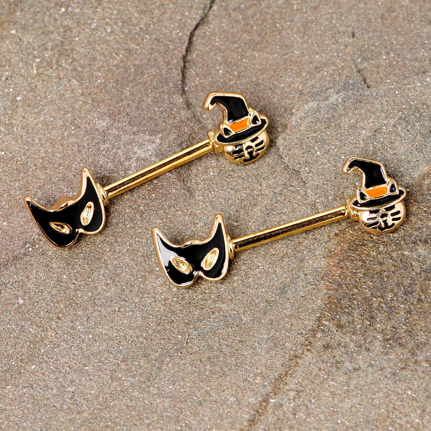 14G 9/16 Gold Tone Witch Cat Halloween Barbell Nipple Ring Set