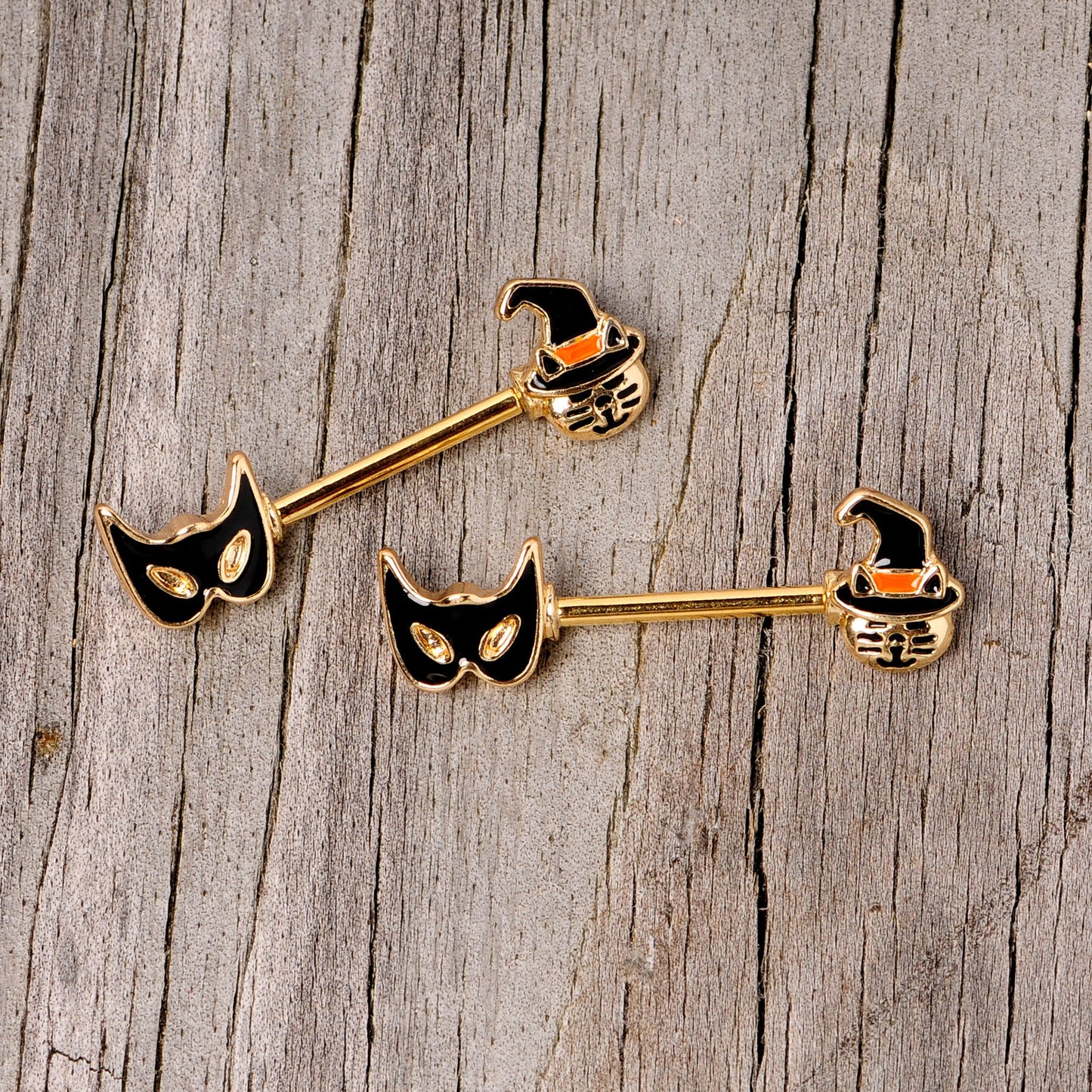 14G 9/16 Gold Tone Witch Cat Halloween Barbell Nipple Ring Set