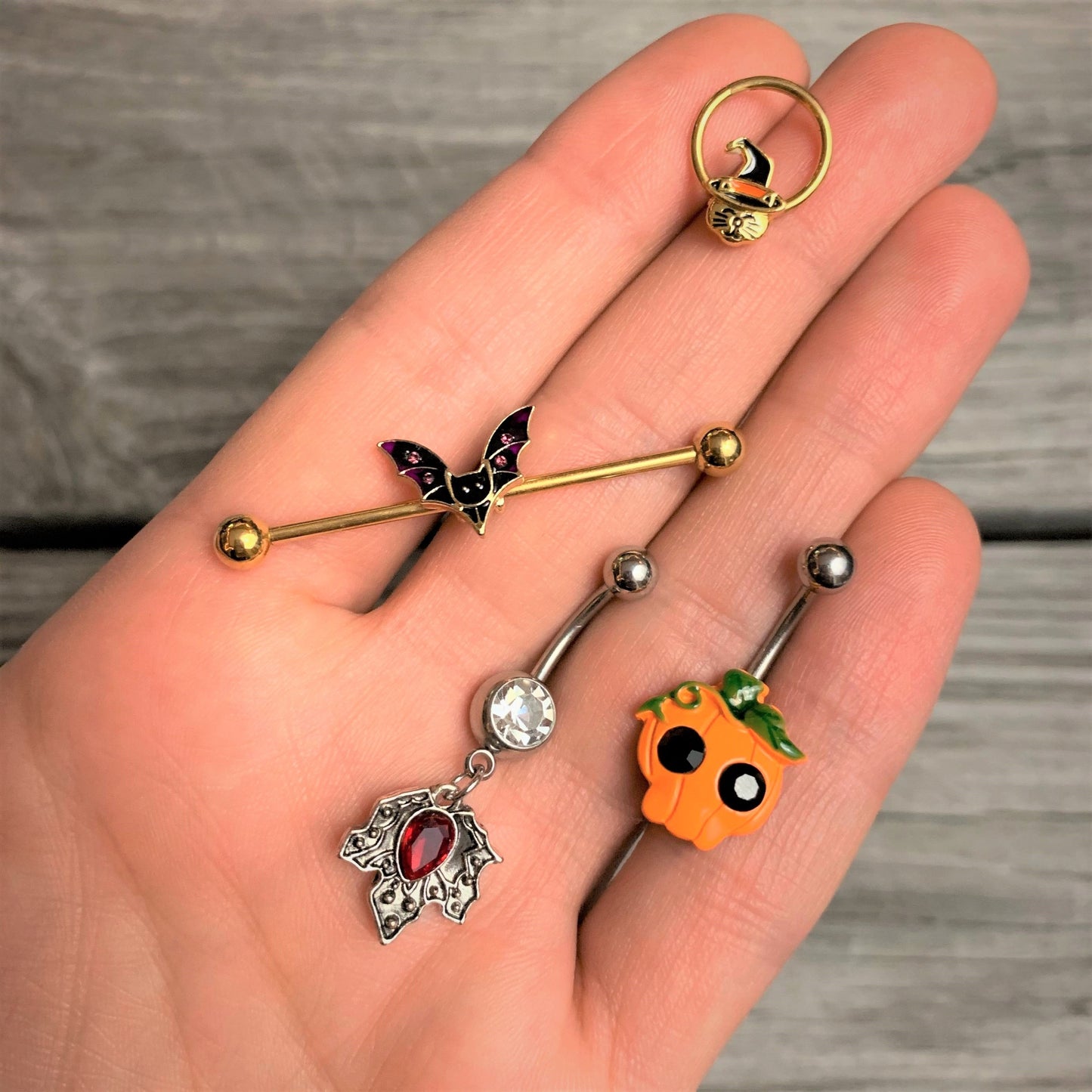 Black Gem Orange Pumpkin Jack O Lantern Halloween Belly Ring