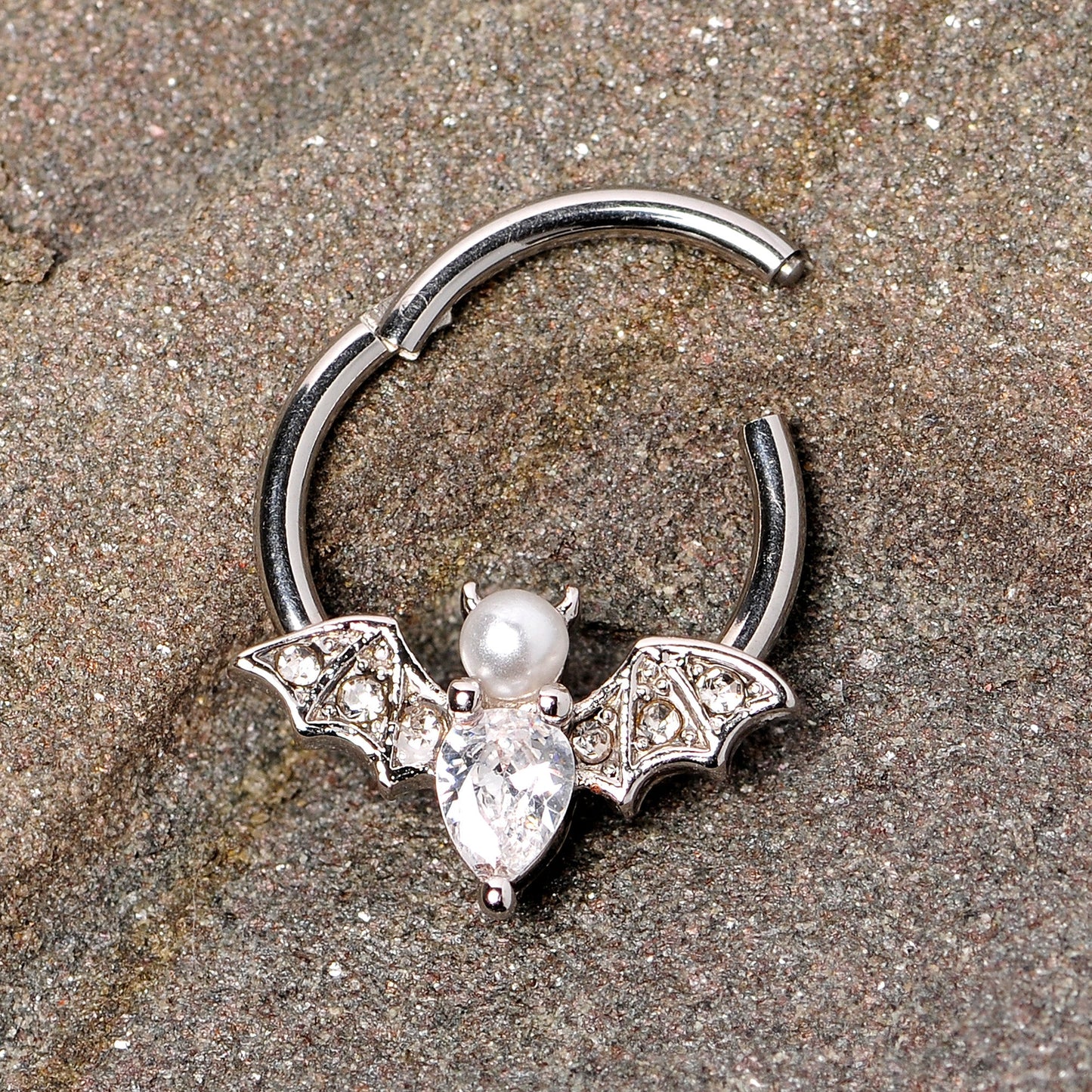 16G 3/8 Clear Gem Vampire Bat Halloween Hinged Segment Ring