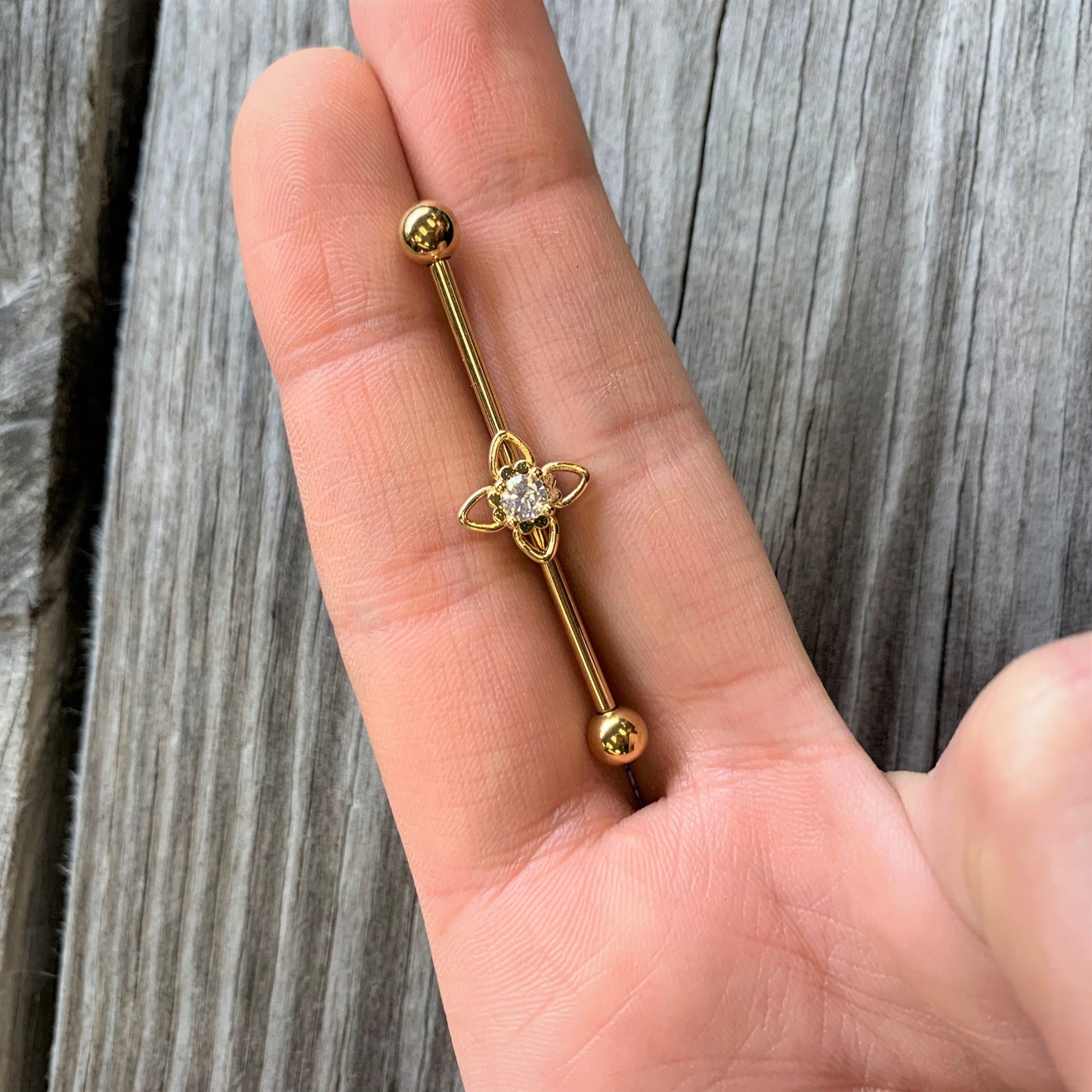 14G Clear CZ Gem Gold Tone Open Flower Industrial Barbell 38mm