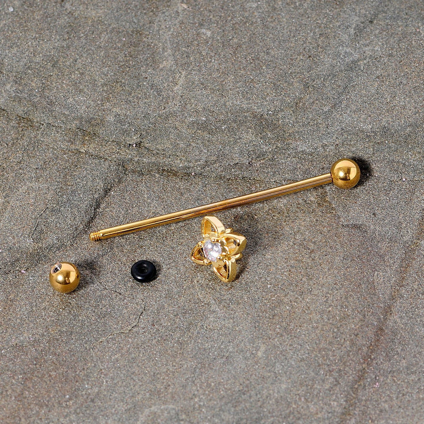14G Clear CZ Gem Gold Tone Open Flower Industrial Barbell 38mm