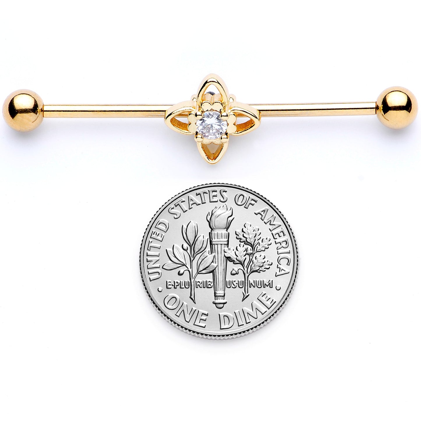14G Clear CZ Gem Gold Tone Open Flower Industrial Barbell 38mm
