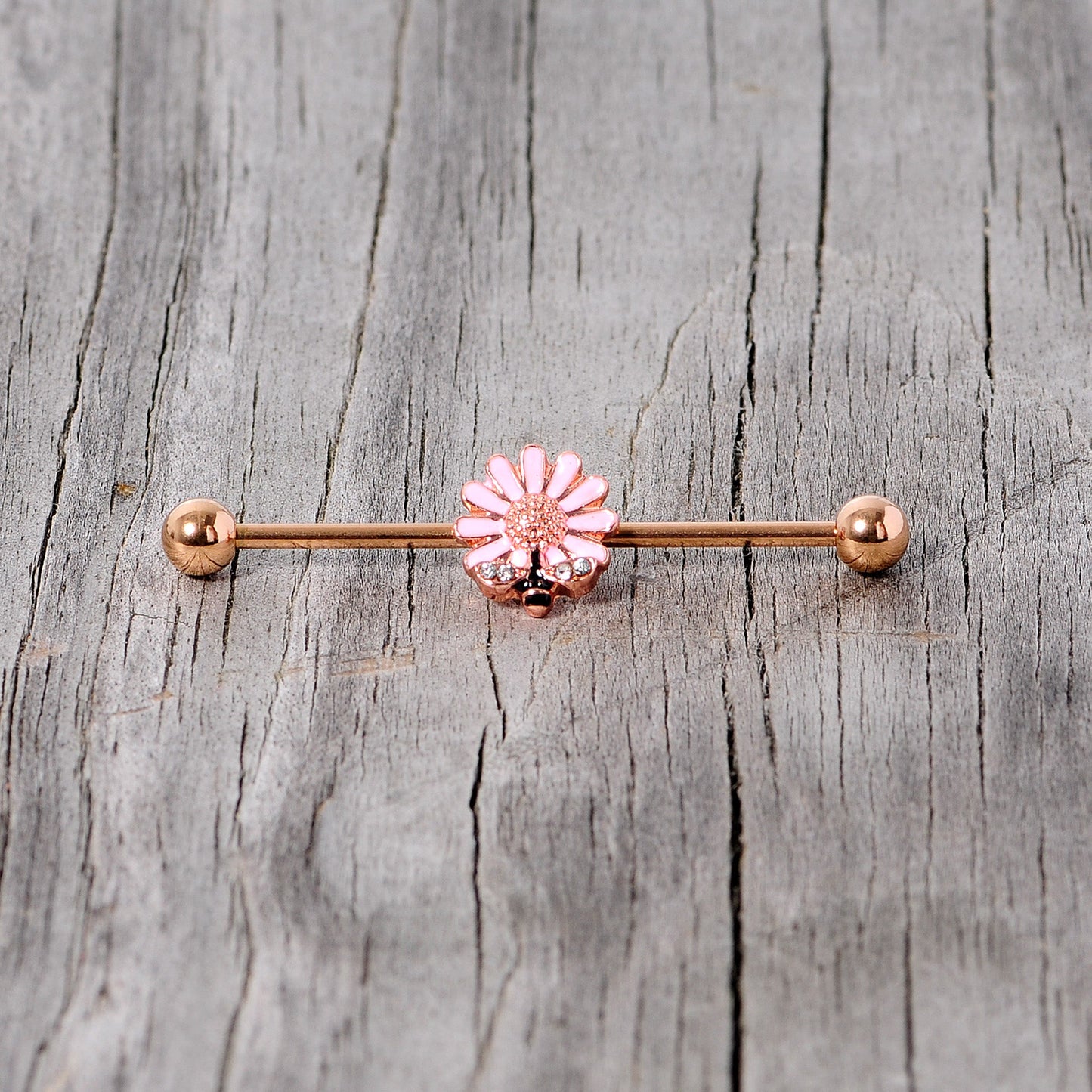 14G Clear Gem Rose Gold Tone Flower Bee Industrial Barbell 38mm