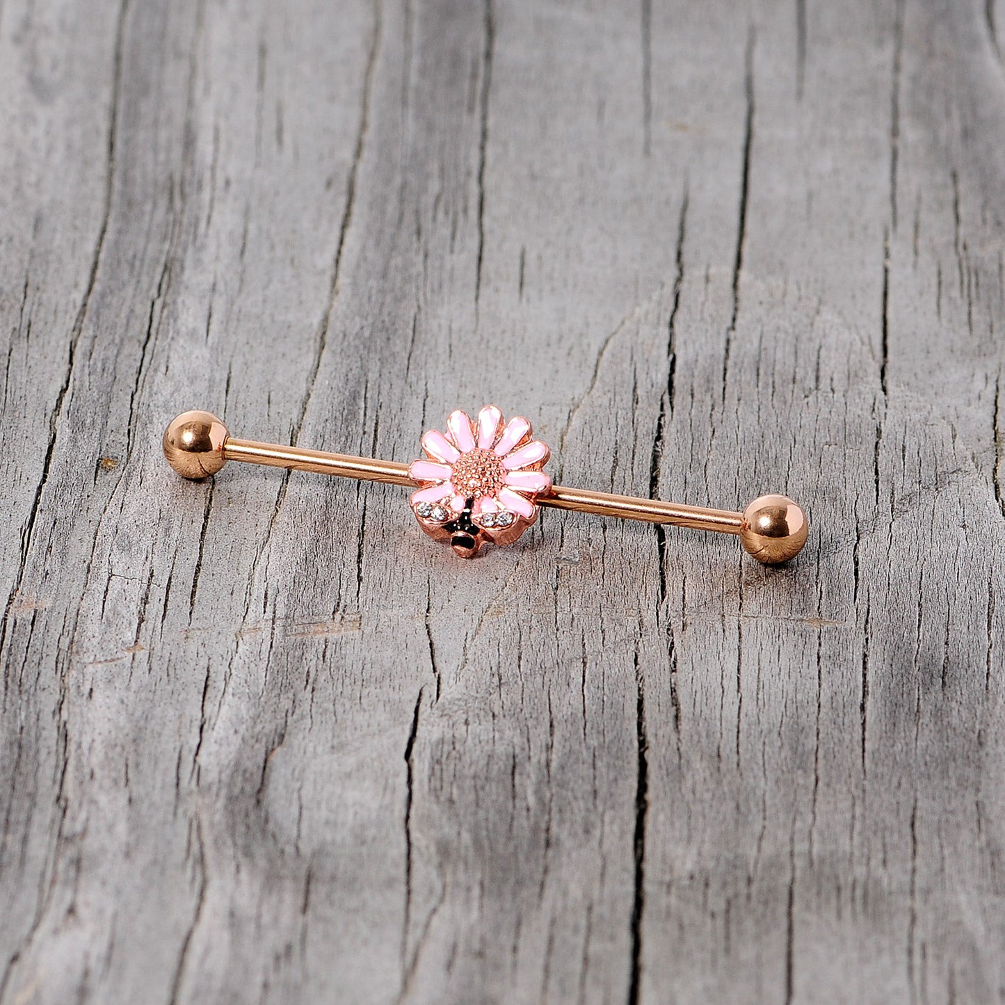 14G Clear Gem Rose Gold Tone Flower Bee Industrial Barbell 38mm