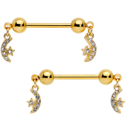 14G 9/16 Clear Gem Gold Tone Moon Dangle Barbell Nipple Ring Set