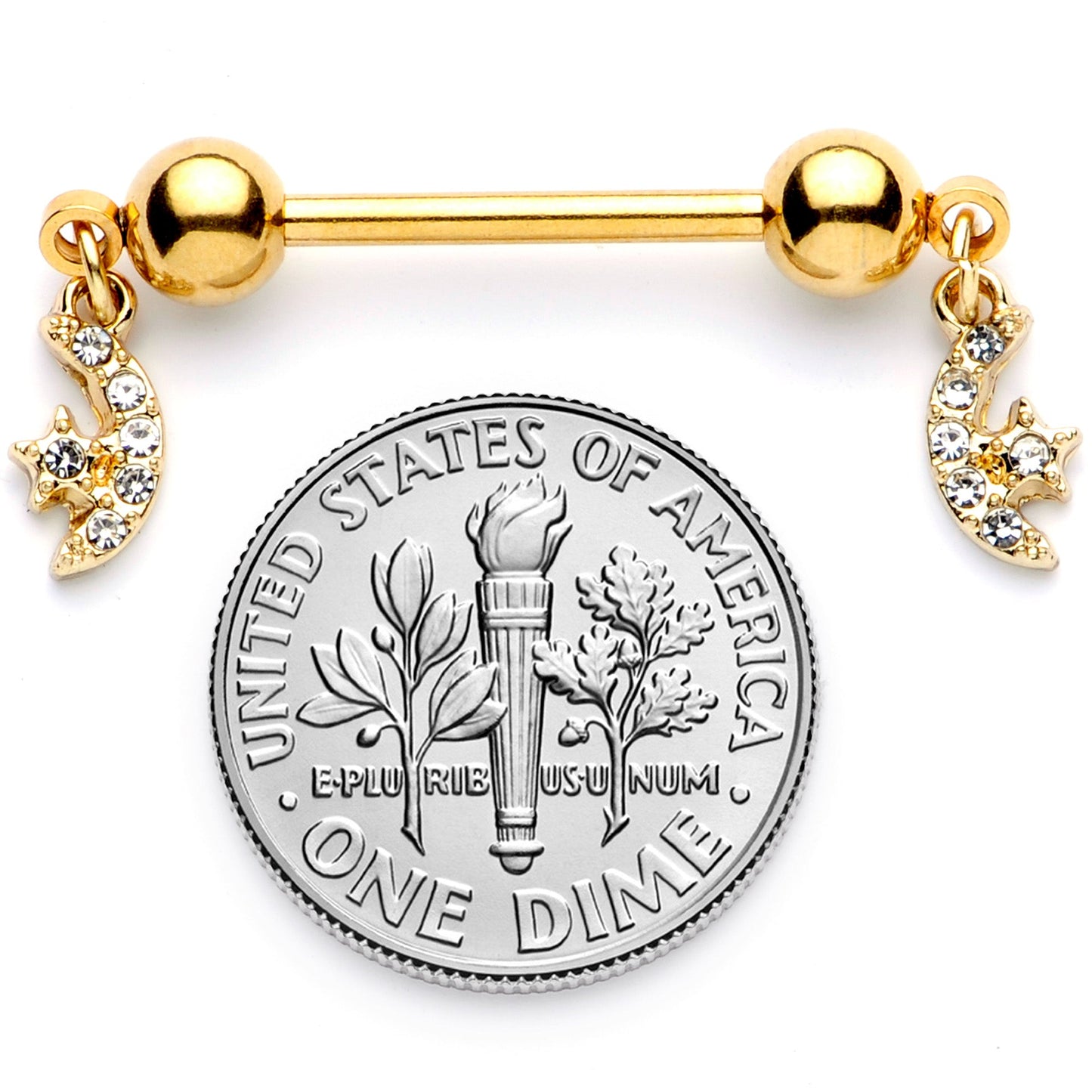 14G 9/16 Clear Gem Gold Tone Moon Dangle Barbell Nipple Ring Set