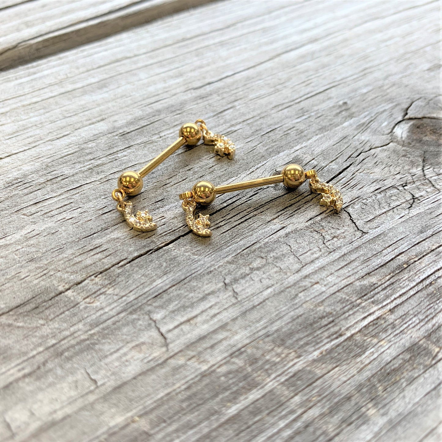 14G 9/16 Clear Gem Gold Tone Moon Dangle Barbell Nipple Ring Set