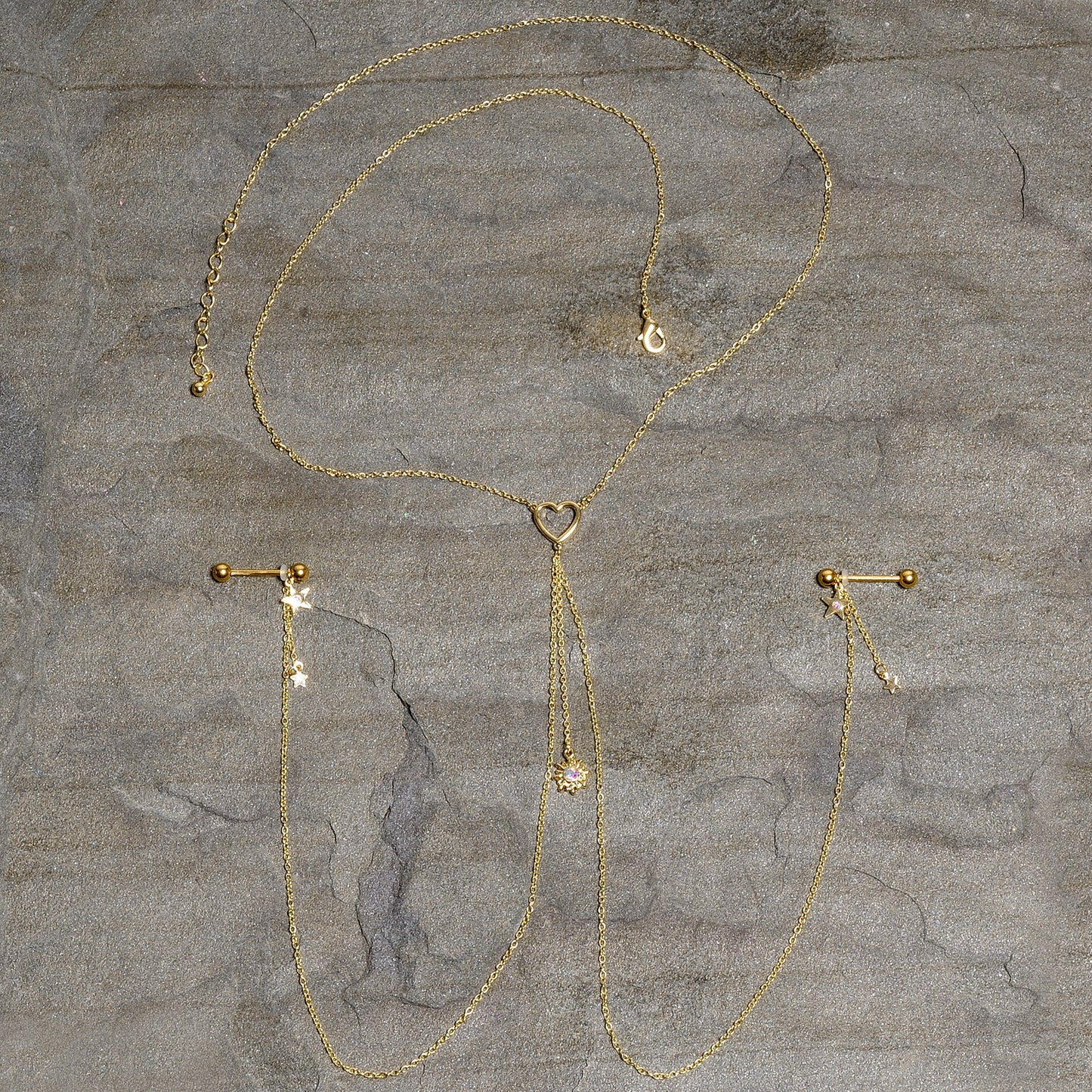 14G 5/8 Aurora Gem Gold Tone Sun Heart Star Nipple Chain Necklace