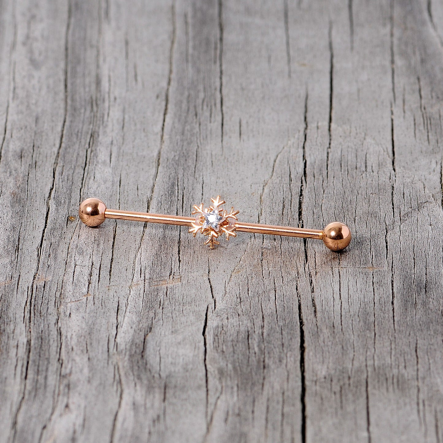 14G Clear Gem Rose Gold Tone Snowflake Industrial Barbell 38mm