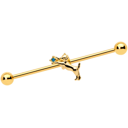14G Blue Gem Gold Tone Leaping Cat Industrial Barbell 38mm