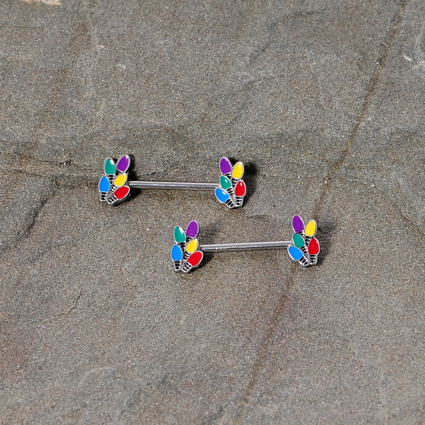 14G 5/8 Christmas Lights Holiday Barbell Nipple Ring Set