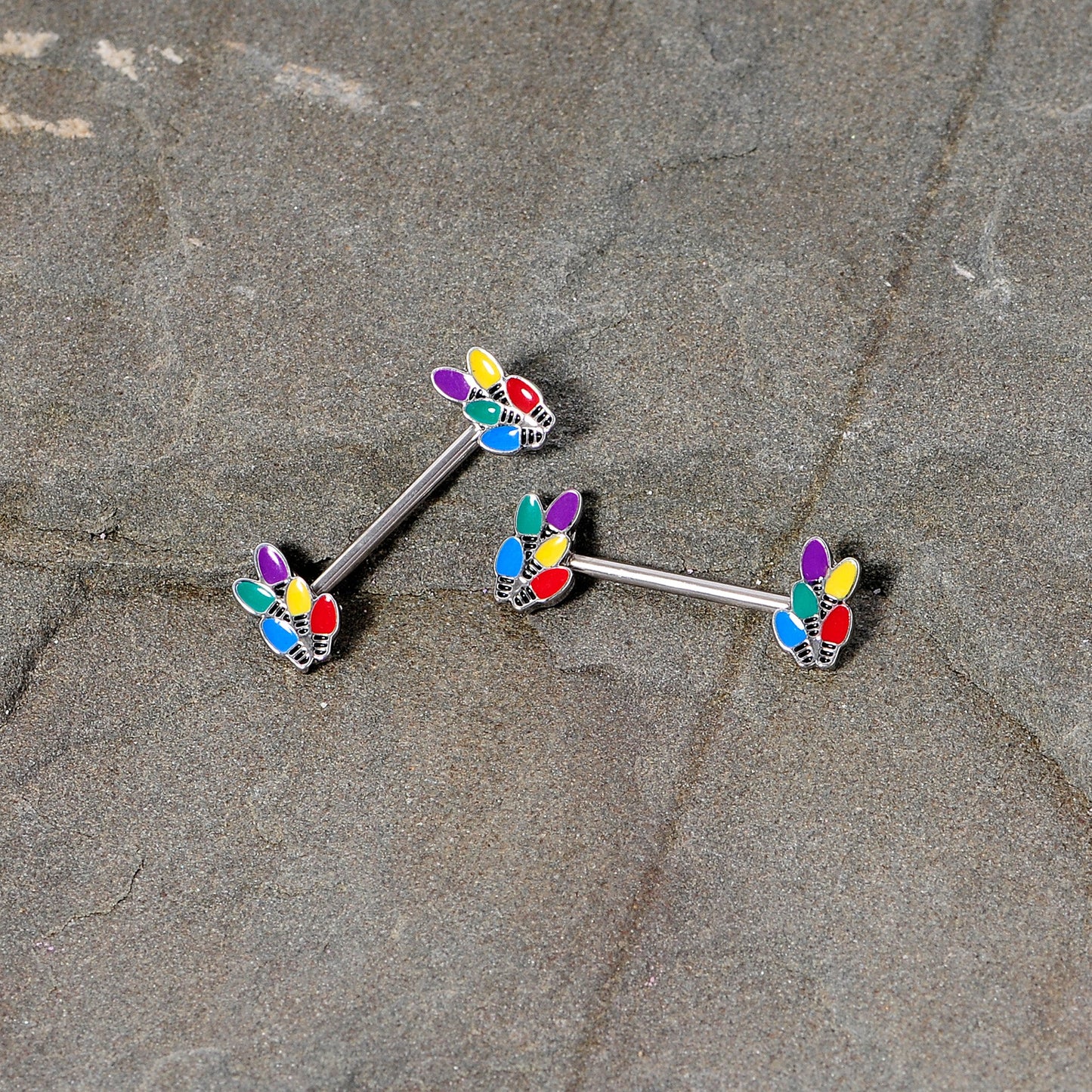 14G 5/8 Christmas Lights Holiday Barbell Nipple Ring Set