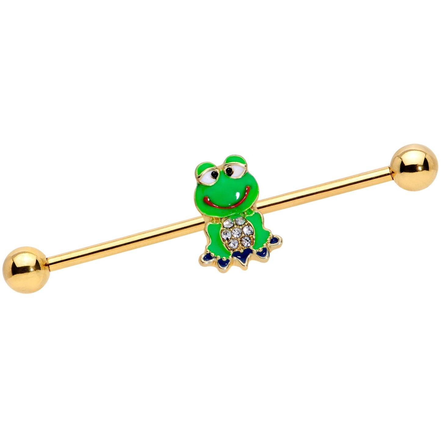 14G Clear Gem Gold Tone Green Goofy Frog Industrial Barbell 38mm